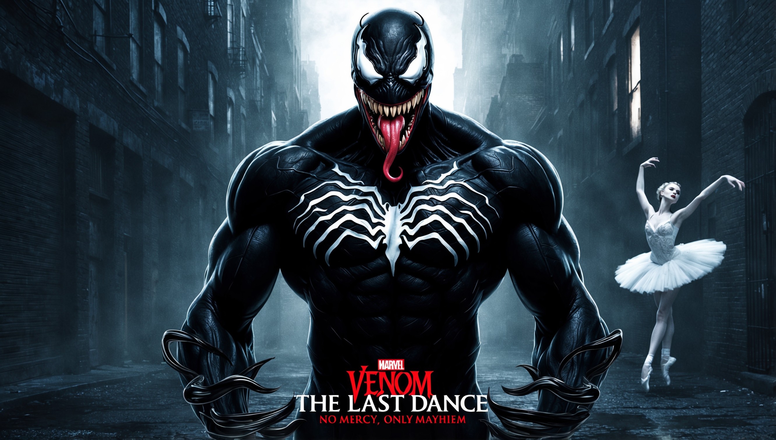 A dark, ominous movie poster featuring Venom, the iconic Marvel anti-hero, standing center-frame against a brooding, cityscape backdrop, with a subtle, eerie glow emanating from the alleyways and skyscrapers. Venom's muscular, humanoid body is rendered in a deep, rich black, with white, razor-sharp teeth and glowing, malevolent red eyes that seem to pierce through the darkness. His long, serpentine tongue licks his lips, as if savoring the chaos about to unfold. In the distant background, a faint, ghostly image of a ballerina, dressed in a flowing, white tutu, appears to be dancing away from the impending doom. The title 