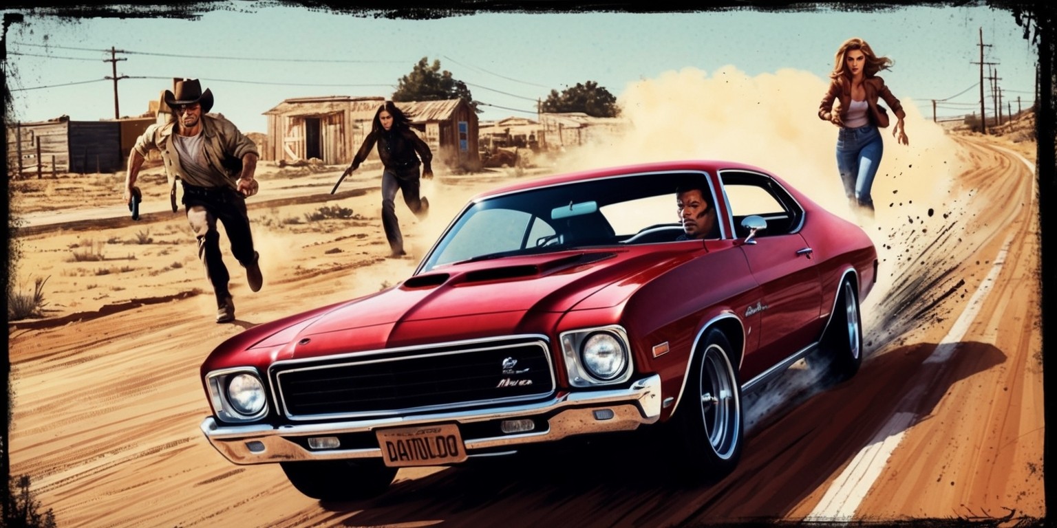 A gritty, 1970s-inspired, high-octane illustration inspired by Quentin Tarantino's film Death Proof, featuring a sleek, cherry-red 1971 Chevy Nova, speeding down a sun-drenched, rural Texas highway, surrounded by dusty, arid landscapes and sparse, rundown buildings, with a hint of vintage wornness and film grain, evoking the stylized, exploitative aesthetic of grindhouse cinema, as Stuntman Mike, played by Kurt Russell, clenches his teeth, his piercing blue eyes fixed on the road ahead, his rugged, weathered face streaked with sweat, his iconic cowboy hat slightly askew, while in the background, Shanna, played by Jordan Ladd, and Arlene, played by Vanessa Ferlito, flee in terror, their faces reflecting fear and panic, as the ominous, suspenseful atmosphere builds, foreshadowing the impending doom.