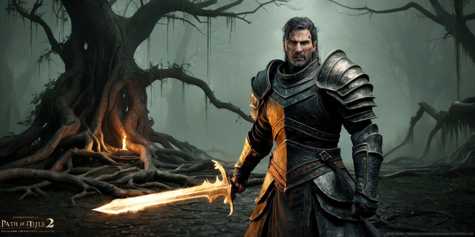 A dark fantasy action RPG scene inspired by Path of Exile 2, set in a grim, gothic world with a mysterious, ancient forest in the background, illuminated by an eerie, flickering torchlight, with twisted, gnarled tree branches and overgrown roots snaking across the ground, and a faint, ominous mist hanging in the air. In the foreground, a powerful, armored warrior stands victorious, clad in intricate, worn leather and plate armor, with a glowing, otherworldly sword at their side, their determined, weathered face set against the darkness, with a strong jawline, piercing eyes, and a few days' worth of stubble. The atmosphere is tense, foreboding, and intense, with a sense of danger lurking just out of sight, and the overall aesthetic is dark, moody, and cinematic, with muted, earthy tones of green, brown, and crimson, and subtle, golden highlights.