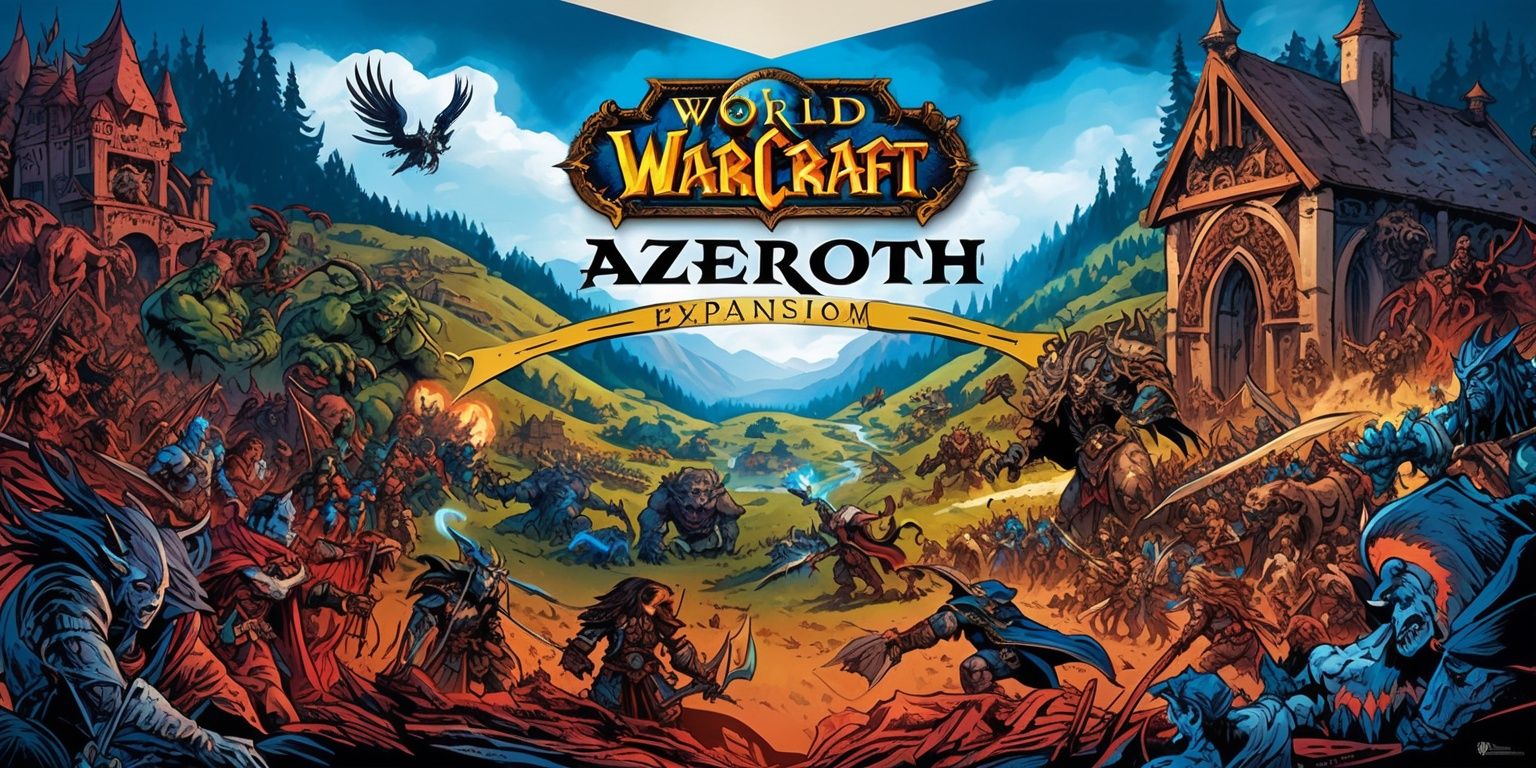 A vibrant fantasy scene depicting the expansive world of Azeroth from the popular World of Warcraft expansion game, set amidst a backdrop of rolling hills and mystical forests, with iconic characters such as orcs, humans, and night elves engaged in epic battles, surrounded by intricate details of medieval-inspired architecture, ancient ruins, and magical creatures, all illustrated in a dynamic, comic book-style with bold lines, textures, and a color palette that blends earthy tones with vibrant blues and reds, showcasing the clash of light and darkness, with the World of Warcraft logo prominently displayed in a metallic, gothic font at the top of the image, and the game's slogan written in a curved line above the logo in a bold, golden script.