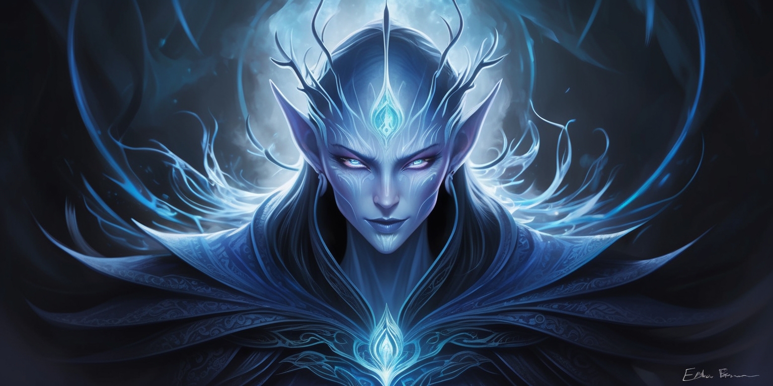 A breathtaking illustration of the Nightreign, a powerful and majestic being from the Elden Ring universe, set against a dark, mystical background with subtle, eerie luminescence. The Nightreign's ethereal, humanoid figure is adorned with intricate, glowing runes that pulse with an otherworldly energy, its skin a pale, almost translucent blue. Its face is a masterclass in elegance and menace, with piercing, silver eyes that seem to bore into the soul, and a delicate, enigmatic smile that hints at secrets beyond mortal comprehension. The atmosphere is heavy with an air of foreboding and ancient wisdom, as if the Nightreign is a guardian of forbidden knowledge. The illustration is rendered in a stunning, dreamlike style, with bold lines, delicate textures, and a predominantly dark color palette punctuated by flashes of iridescent blue and purple.