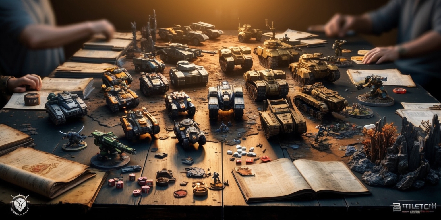 A sprawling, intricately detailed diorama of a BattleTech tabletop game in progress, set against a dark, worn wooden table surface, with a warm, golden lighting that evokes a sense of nostalgia and camaraderie. The game's iconic, boxy mechs, ranging in size and design, from sleek and agile to hulking and imposing, are arranged in a chaotic, mid-battle scene, surrounded by scattered rulebooks, dice, and player tokens. Weathered, rolled-up maps and dog-eared campaign guides litter the edges of the table, while miniature terrain pieces, such as ruined buildings, blasted trees, and jagged rock formations, add depth and immersion to the scene. In the background, faint, blurry suggestions of players' hands and arms reach in, their faces obscured, as if the viewer has just stumbled upon a group of friends in the midst of an intense, strategic battle.