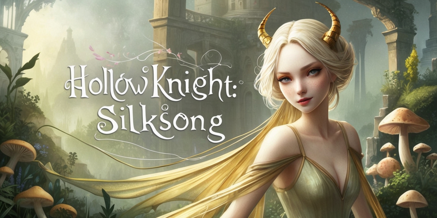 Hollow Knight: Silksong game with a hauntingly beautiful landscape, intricate architecture, and a prominent figure of Hornet, the protagonist, in the center, her delicate silk threads glistening in the soft, warm light, her facial features a blend of determination and elegance, with a subtle, enigmatic smile, her skin a radiant, porcelain-like complexion, surrounded by lush, vibrant flora, and eerie, glowing mushrooms, set against a backdrop of ancient, ruined structures, with a subtle, watercolor-inspired style, and a muted, earthy color palette, featuring shades of mossy greens, weathered stone, and faded, golden silks, with delicate, cursive text overlay, reading Hollow Knight: Silksong in a whimsical, handwritten font, with gentle, swirling patterns and shapes, evoking a sense of mystique and wonder.