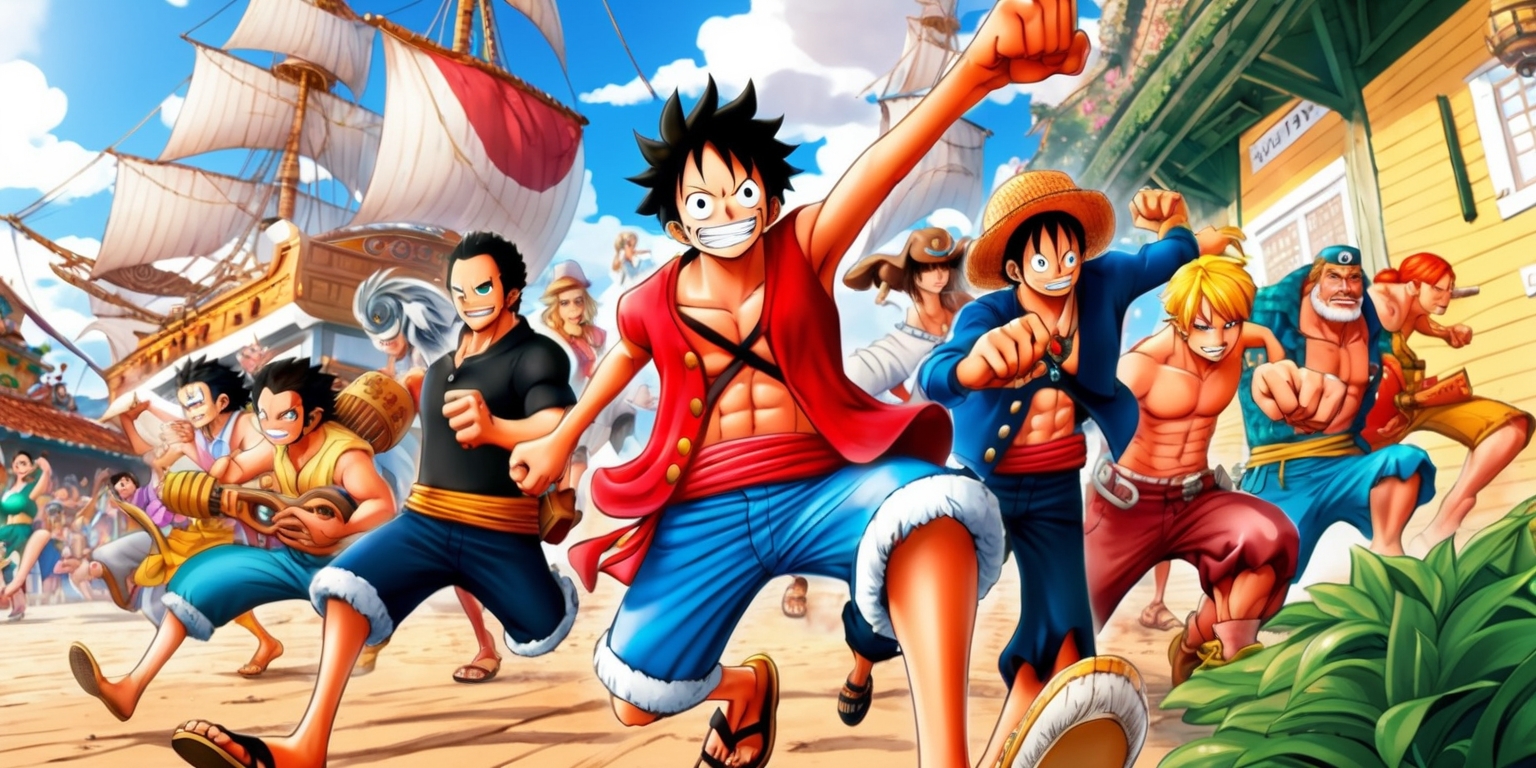 A vibrant, action-packed scene from the world of One Piece, featuring the iconic Straw Hat Pirates, set against a warm, sunny backdrop of the Grand Line, with Monkey D. Luffy, the main protagonist, prominently displayed in the center, sporting his signature red vest, blue shorts, and a big smile, surrounded by his trusted crewmates, including Roronoa Zoro, Usopp, Sanji, Tony Tony Chopper, Nico Robin, Franky, and Brook, each showcasing their unique facial features, skin tones, and hairstyles, with dynamic poses and energetic Expressions, accompanied by intricate details such as the Thousand Sunny ship in the distance, and subtle hints of Japanese-inspired architecture and lush greenery, all rendered in a colorful, exaggerated anime style, with bold lines, vibrant colors, and dramatic shading, reminiscent of Eiichiro Oda's iconic manga illustrations.