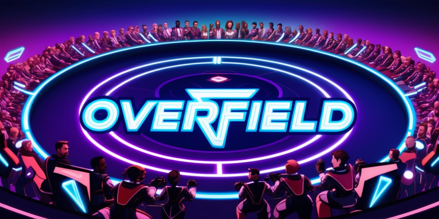 A vibrant digital illustration of a futuristic OverField game scene with sleek lines and neon accents, set against a dark blue and purple gradient background, featuring a large circular field with glowing white lines and markings, surrounded by a crowd of diverse spectators with varied facial features and skin colors, including a woman with short brown hair and a man with a beard, all wearing futuristic attire and looking engaged, with a mix of excitement and focus on their faces, and in the foreground, a group of players in dynamic poses, with bold lines and geometric shapes, and a bold, sans-serif font displaying the game's logo in bright, electric blue, with the words OverField written in a curved line above the field.