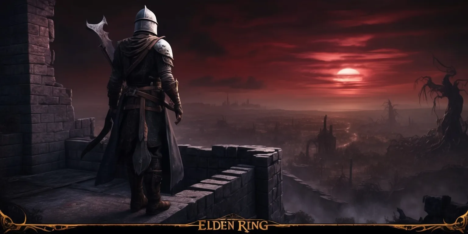 A fantasy video game scene from Elden Ring, set in a dark, mystical, and ruined world, with a somber and ominous atmosphere, featuring a lone, armored figure with intricate details and worn, battle-damaged equipment, standing atop a ruined castle wall or a rocky cliff, with a dramatic, blood-red sunset or a haunting, moonlit night sky in the background, and the landscape stretching out to the horizon, filled with remnants of a long-lost civilization, and in the distance, the twisted, nightmarish trees and foreboding, ancient ruins that populate the world of Elden Ring, with the character's facial features obscured by a helmet, and the overall style reminiscent of dark fantasy and medieval influences, with muted, earthy colors and subtle, golden accents.