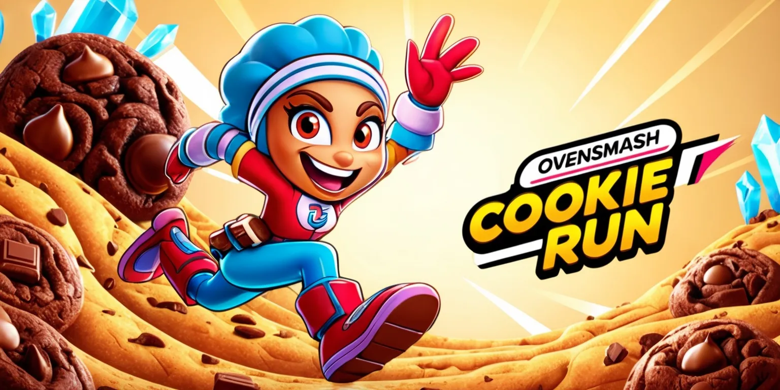 A colorful illustration of the Cookie Run OvenSmash character, featuring a dynamic pose, with vibrant cookie-inspired surroundings, including rolling hills of chocolate and towering sugar crystals, the character's facial features are emphasized with bright, expressive eyes and a bold, enthusiastic smile, the Cookie Run logo is prominently displayed in a modern, sleek font, with bold lines and bright colors, the character's unique attributes, such as their costume and accessories, are meticulously detailed, set against a warm, golden background, with a sense of energy and movement, capturing the essence of the beloved character, with bold lines, and a mix of soft and vibrant colors, blending fantasy and adventure elements, showcasing the character's strength and personality.