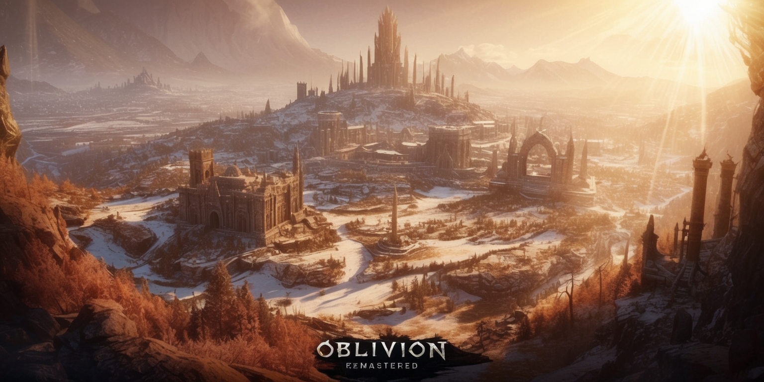 A breathtakingly detailed illustration of the Oblivion Remastered game, capturing the essence of the iconic Elder Scrolls series, with a warm, earthy color palette evoking the fantastical world of Cyrodiil, showcasing a majestic, sprawling landscape, perhaps the Imperial City or the frozen wilderness of Skyrim, with towering structures, ancient ruins, and mystical artifacts, surrounded by lush vegetation, and a radiant, golden light casting long shadows, with intricate textures and subtle atmospheric effects, rendered in a stunning, hyper-realistic style, evoking the sense of immersion and exploration that defines the Oblivion gaming experience.