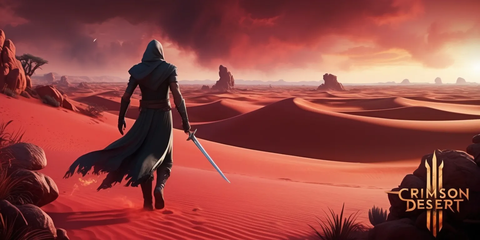 A vast desert landscape with crimson-hued sand dunes stretching towards the horizon, set against a backdrop of a fiery sky with hints of orange and pink, inspired by the Crimson Desert game, with intricate rock formations and sparse vegetation, featuring a lone figure in the distance, dressed in a long, flowing cloak with a hood, walking towards the viewer, with a sword at their side, and a determined expression on their face, with a subtle glow of magic emanating from their hands, amidst a serene and mystical atmosphere, with the game's logo subtly embedded in the rock formations, in a stylized, futuristic font with bold, golden lines.
