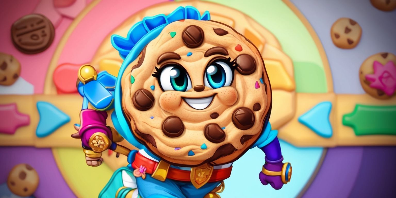A colorful illustration of a Cookie Run Kingdom game character, showcasing intricate details and vibrant textures, with a focus on the character's unique design, accessories, and expressive facial features, set against a stylized background that reflects the game's fantasy world, incorporating a mix of soft pastel colors and bold accents, with the character placed prominently in the center of the frame, highlighting their distinctive cookie-inspired appearance and any notable props or emblems that define their personality and role in the game.
