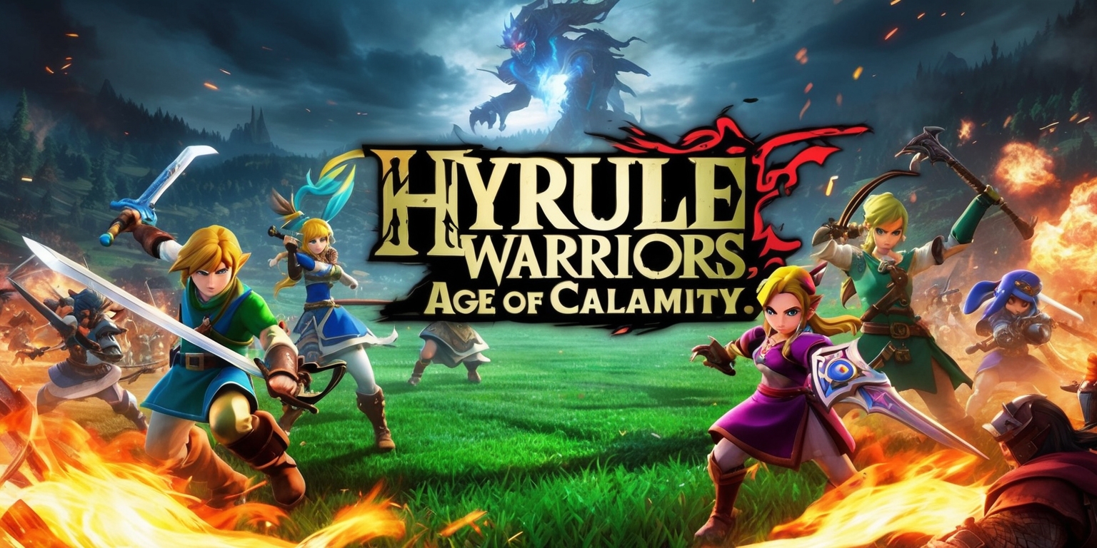 A vibrant and action-packed scene from Hyrule Warriors: Age of Calamity, set in a sprawling Hyrule field with a dark and ominous atmosphere, featuring a variety of colorful characters from the game, including Link, Zelda, and Impa, with intricate details on their armor, weapons, and facial expressions, amidst a chaotic battle scene with flames, smoke, and destruction in the background, with the game's logo prominently displayed in a bold, golden font with a subtle glow effect, and a faint image of Calamity Ganon looming in the distance, with a warm and dramatic lighting effect, and a sense of intense energy and movement throughout the scene.