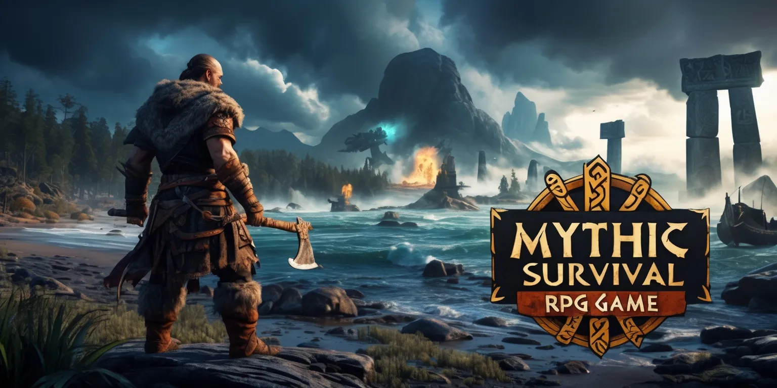 A cinematic key art poster for a Mythic Survival RPG game, depicting a vast open world inspired by ancient Norse lore. In the foreground, a rugged warrior in weathered furs and leather armor stands on a rocky shoreline, carrying a carved axe and survival gear, gazing across enchanted forests, misty swamps, and storm-tossed seas. In the distance, towering mountains, ancient runestones, ruined temples, glowing portals, and colossal mythic creatures emerge through dramatic clouds. Show signs of exploration, skillful combat, intricate crafting, environmental puzzles, and cooperative adventure through subtle details such as campfires, crafted tools, rope bridges, boats, and distant allied figures. Use rich cinematic lighting, deep greens, icy blues, storm gray, ember orange, and rune-like golden highlights. Emphasize an immersive, dynamic world with shifting weather, layered depth, epic scale, and an atmosphere of danger and discovery. Include the title Mythic Survival RPG game in bold, weathered Norse-inspired lettering with carved rune details, centered prominently near the lower portion of the composition.