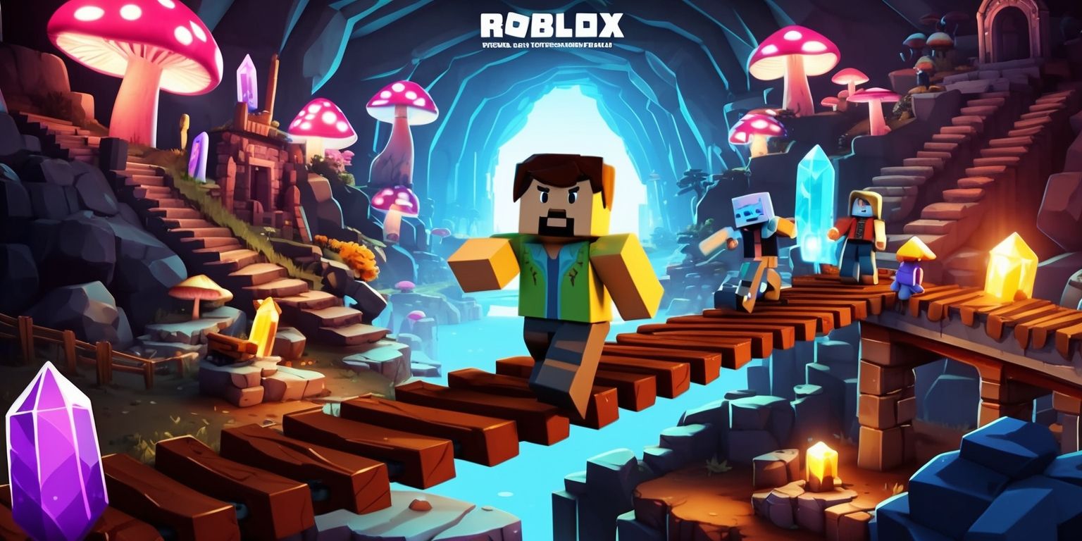 A vibrant digital illustration of a Roblox subterranean adventure game, set in a vast underground cave system with luminescent mushrooms, glowing crystals, and ancient ruins, featuring blocky, low-poly characters with diverse facial features and skin colors, including a brave explorer with a determined expression, navigating through the rugged terrain on a rickety bridge, surrounded by treacherous obstacles and hidden treasures, with a stylized, pixelated aesthetic and a mix of warm and cool colors, including shades of brown, gray, and blue, and a dynamic layout with a sense of depth and movement, capturing the thrill and excitement of the game.