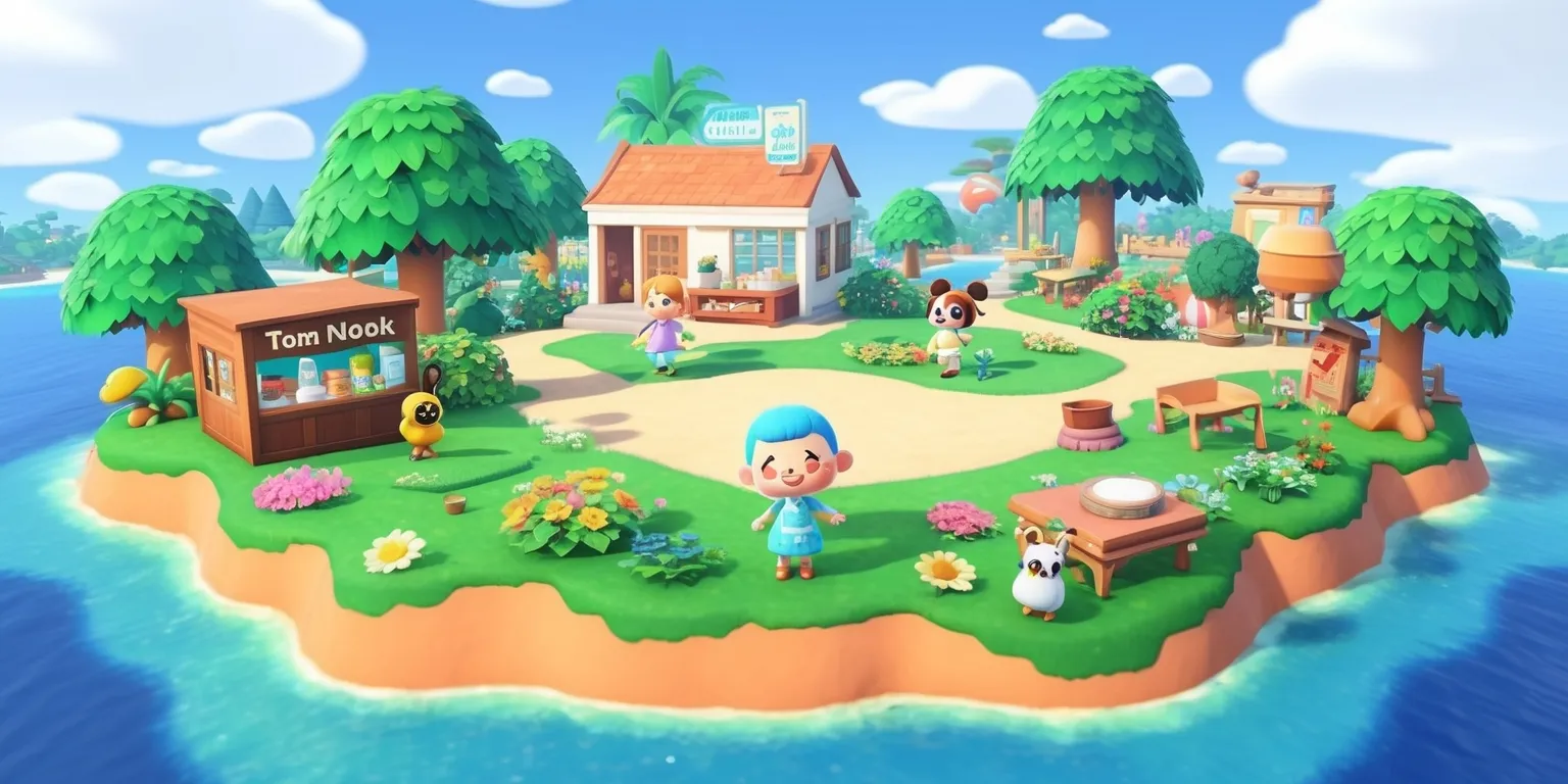 A serene and vibrant digital illustration of the Animal Crossing: New Horizons game, set on a picturesque island with lush green trees, colorful flowers, and a clear blue sky, featuring Tom Nook's store and various characters like Isabelle and K.K. Slider, with a mix of natural and architectural elements, incorporating warm and pastel colors, and a laid-back, whimsical style, with a panoramic view of the island and its inhabitants, including a variety of animals and furniture, all rendered in a charming and detailed video game-inspired art style.