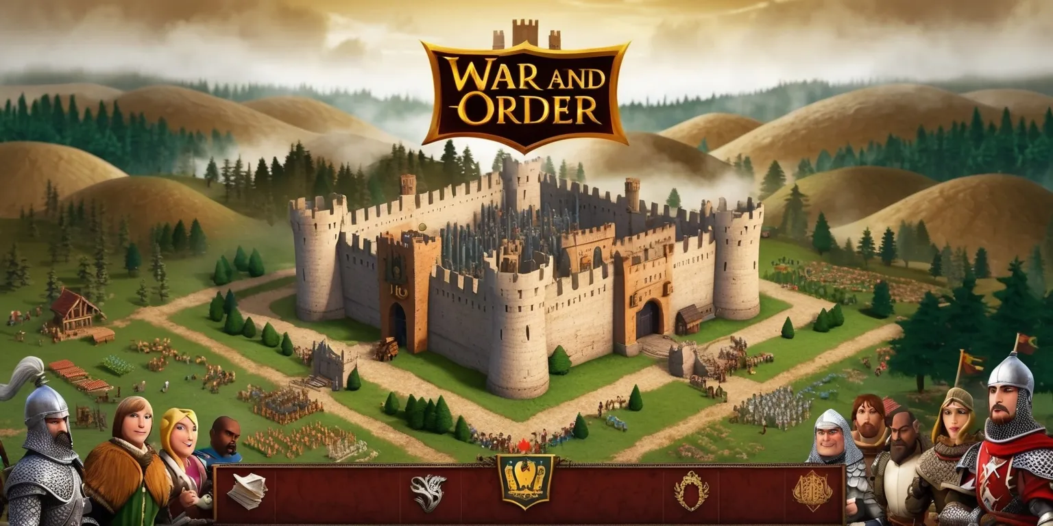A medieval-themed kingdom from the War and Order game, with a fortified castle in the center, surrounded by rolling hills and dense forests, set against a misty morning sky with a warm golden light, featuring a mix of earthy tones such as brown, green, and beige, with intricate details on the castle walls and buildings, and a sense of bustling activity with people of diverse skin colors and facial features, including knights in shining armor, peasants in simple clothing, and royalty with elaborate attire, all engaged in various activities such as farming, trading, and combat training, with the game's logo emblazoned on a banner above the castle gates in a bold, golden font.