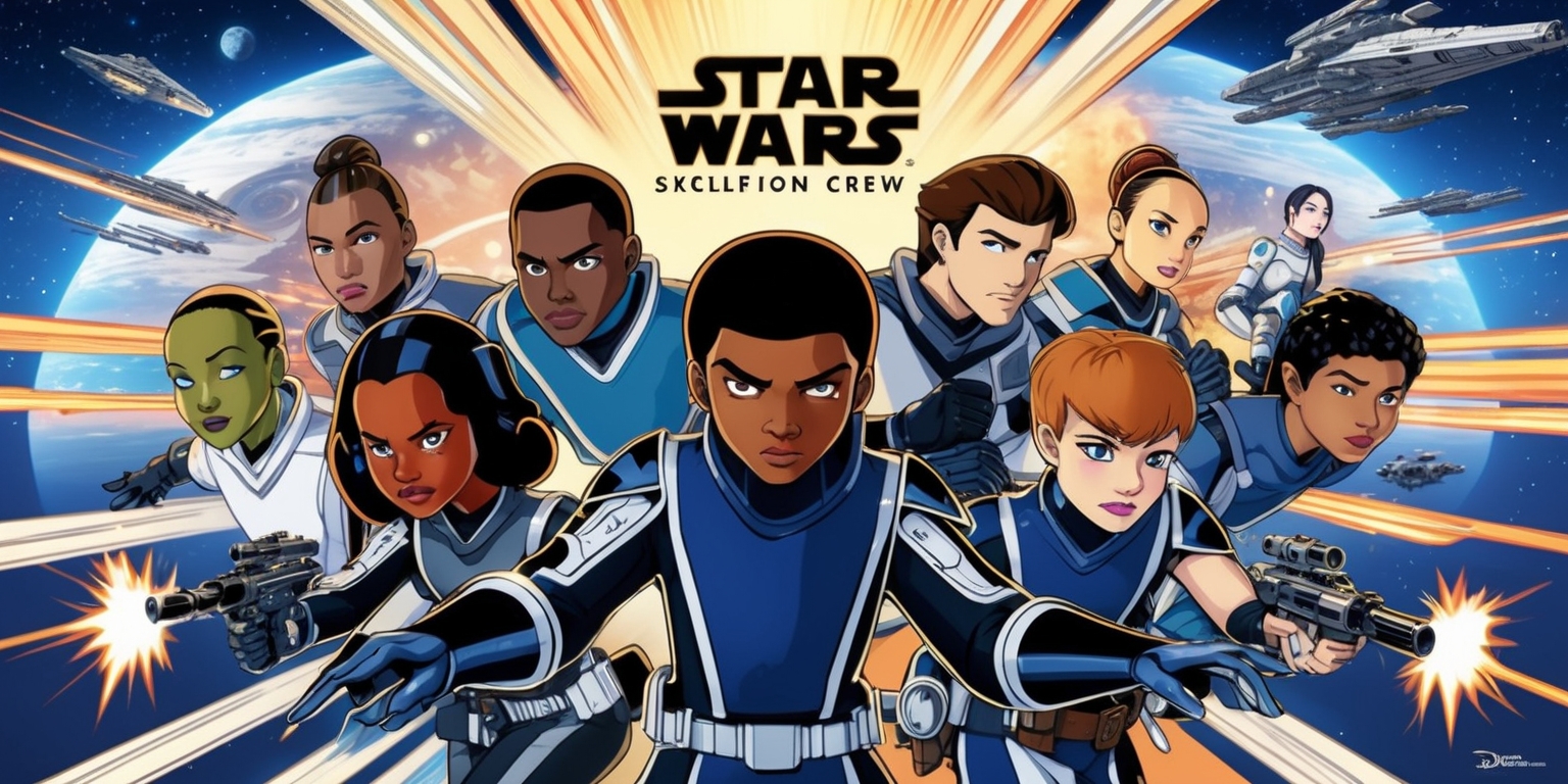 A vibrant, action-packed illustration showcasing a pivotal moment in the Star Wars: Skeleton Crew series, set against a galaxy-spanning backdrop of stars, planets, and spaceships. The image features a diverse group of young heroes, each with unique facial features, skin tones, and hairstyles, dressed in sleek, high-tech attire, blending functional design with stylish flair. The color palette is a rich blend of blues, silvers, and oranges, evoking a sense of adventure and excitement. In the foreground, the heroes are positioned in dynamic poses, surrounded by blurred motion lines and explosive energy bursts, conveying a sense of urgency and danger. The composition is balanced, with each character playing off the others, and thenegative space is used effectively to guide the viewer's eye through the scene. The illustration style is reminiscent of classic sci-fi anime, with bold lines, expressive facial expressions, and intricate details that invite close inspection. The overall mood is one of high-stakes excitement, with the heroes ready to face whatever challenges the galaxy throws their way.