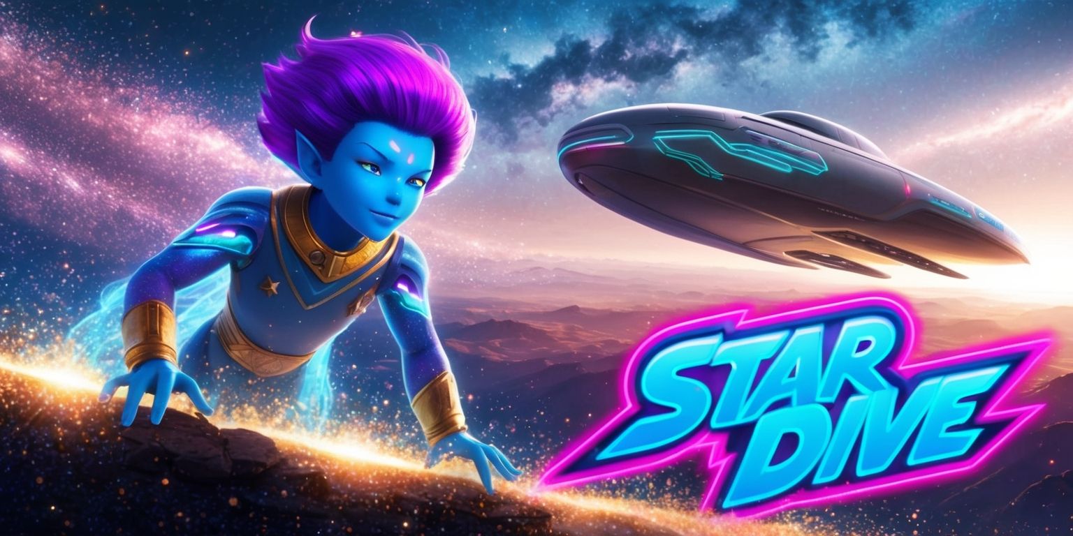 Mongil, a celestial being with vibrant purple hair and iridescent blue skin, is poised at the edge of a shimmering starfield, ready to dive into the cosmos in the Star Dive game, surrounded by glowing stardust and nebulae, with a sprawling galaxy unfolding in the background, and a sleek, silver spaceship waiting in the distance, adorned with vibrant, neon-lit circuits and a bold, cursive logo that reads Star Dive in bright, electric blue letters.