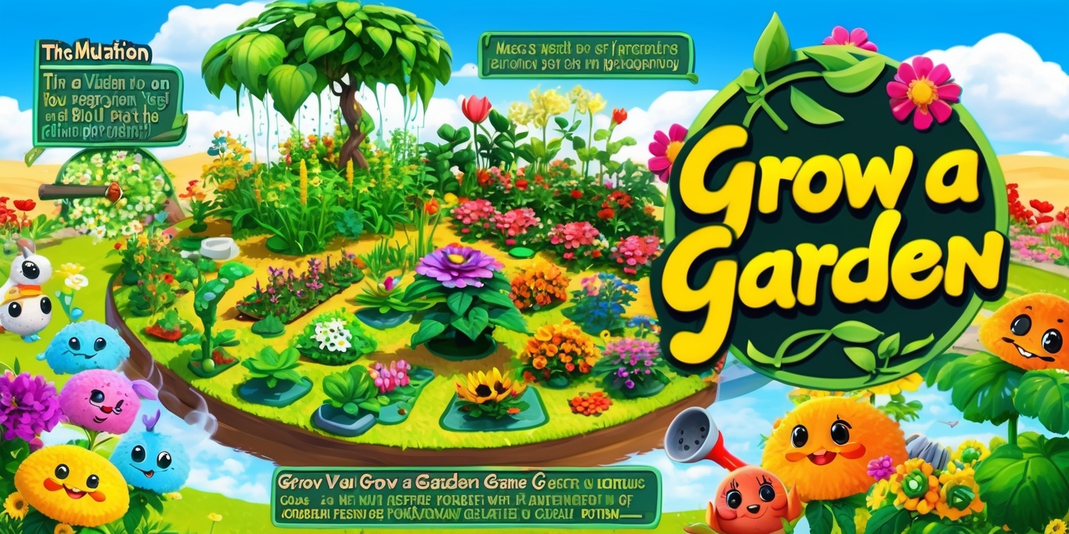 A vibrant, colorful illustration of the Grow a Garden game, showcasing a lush, dynamic garden with various plants and flowers at different stages of growth, surrounded by friendly, cartoon-style in-game companions, each with unique facial features and skin colors, amidst a warm, sunny environment with fluffy white clouds and a bright blue sky, incorporating visual representations of the mutation processes and environmental interactions, with bold, playful text overlay describing the gameplay mechanics in a modern, cursive font with leaves and flowers intertwined with the letters, and a large, stylized logo of the game title in a circular shape with a watering can and gardening tools embedded in the design.