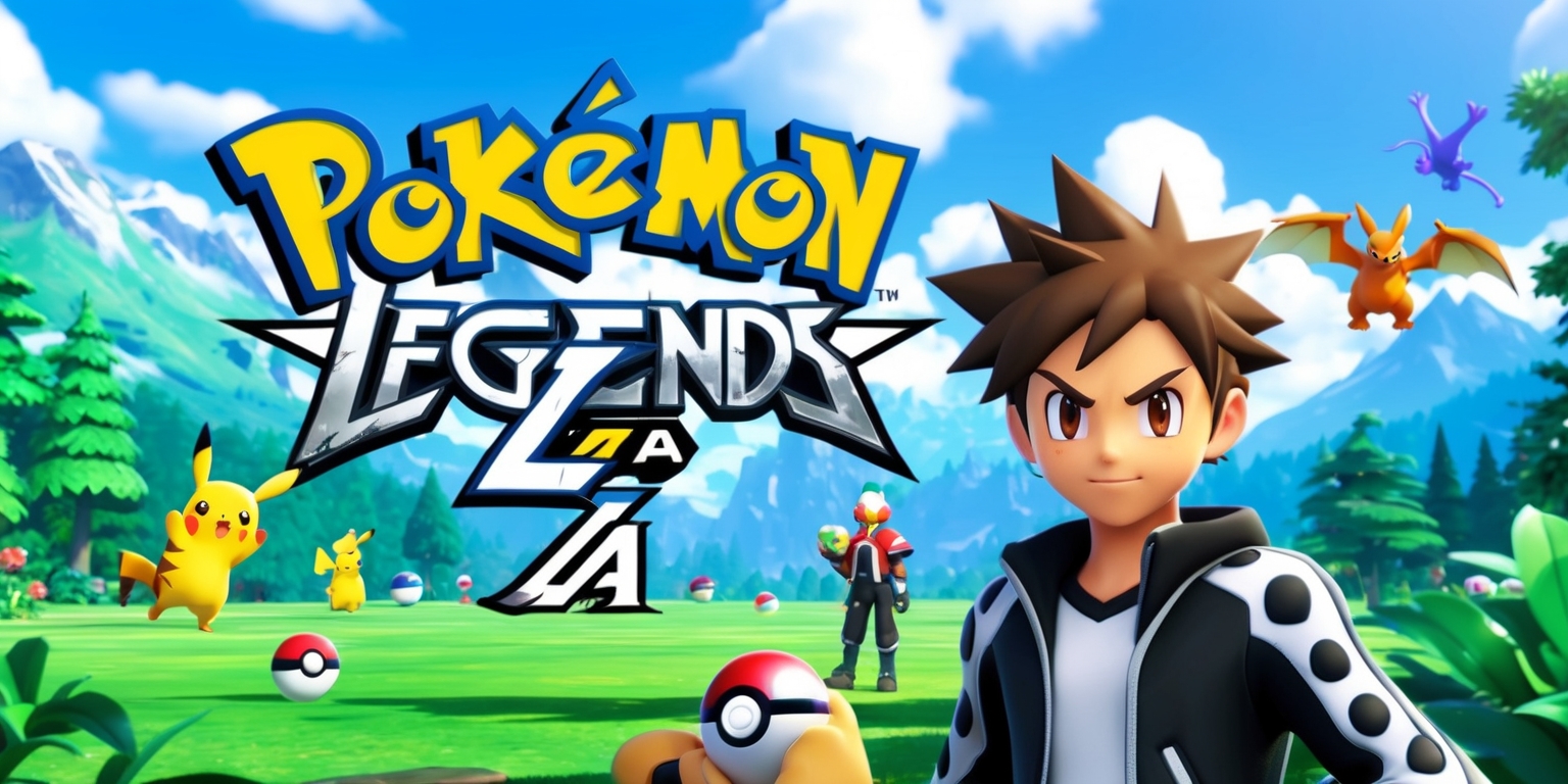 A vibrant video game-inspired scene featuring the logo of Pokémon Legends: Z-A game prominently displayed in a bold, futuristic font with metallic silver letters and a sharp, angular design, set against a stunning backdrop of lush green forests and majestic mountains, with a few iconic Pokémon characters such as Pikachu and Charizard flying or standing in the distance, under a bright blue sky with puffy white clouds, and in the foreground, a young adventurous trainer with short spiky brown hair, bright brown eyes, and a determined expression, wearing a sleek black and white poké ball-patterned jacket, standing confidently with their trusty pokédex in hand, surrounded by a few colorful poké balls and other game-related elements.