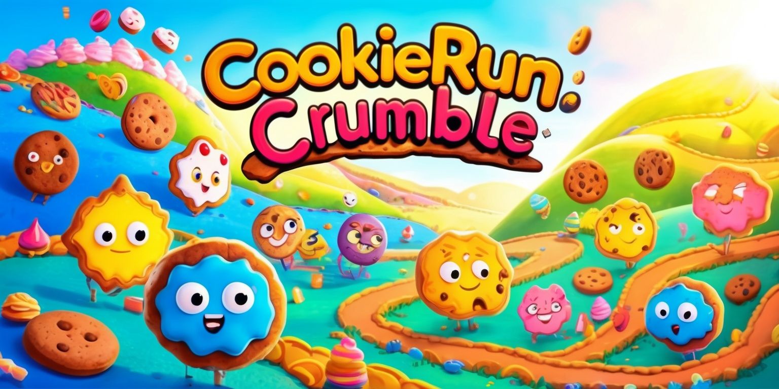 A colorful digital illustration of the CookieRun: Crumble game, featuring vibrant hues of blue, pink, and yellow, with a variety of cookie characters in different shapes and sizes, each with unique facial expressions and attire, set against a whimsical landscape with rolling hills, winding paths, and sweet treats scattered throughout, with bold, playful typography highlighting the game's title in a curved line above the scene, and a warm, golden light shining down on the cookies, bringing the entire scene to life in a lively and dynamic way, with a slight depth of field effect to draw the viewer's eye to the center of the image.