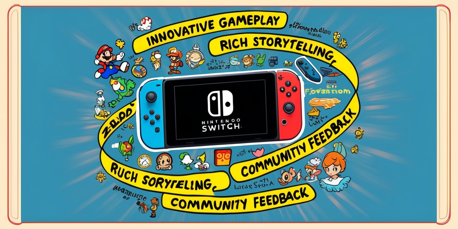 A vibrant, colorful illustration showcasing the Nintendo Switch console surrounded by iconic characters and symbols from various first-party games, such as Mario, Zelda, and Pokémon, with whimsical touches and subtle nods to the console's features, like the Joy-Con controllers and screen. The background is a warm, gradient blue, evoking a sense of excitement and creativity. The text, written in a bold, playful font with rounded edges, wraps around the console in a circular motion, with key phrases like innovative gameplay, rich storytelling, and community feedback highlighted in brighter, pop-art colors. The overall style is reminiscent of a Nintendo game manual, with a mix of digital and hand-drawn elements, and a sense of nostalgia and wonder. The illustration is framed by a thin, white border, with subtle, rounded corners, giving it a friendly, approachable feel.