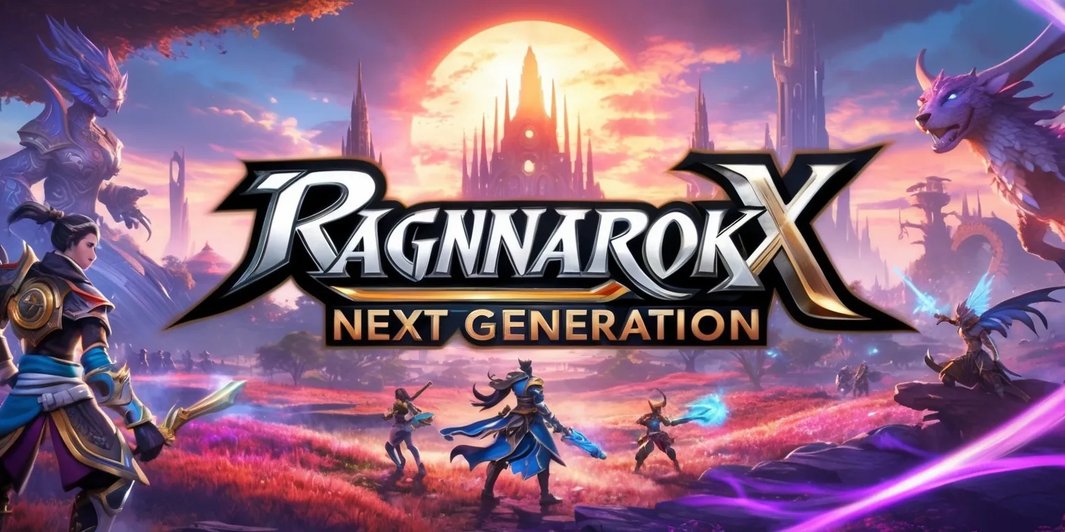 A futuristic fantasy video game screenshot of Ragnarok X: Next Generation, featuring a vibrant and dynamic landscape with intricate details, set against a backdrop of a mystical realm with towering spires and ancient ruins, illuminated by a warm orange and purple hues of a setting sun, with characters and creatures from the game, including warriors, mages, and mythical beasts, rendered in a highly stylized and detailed 3D graphics, with bold lines, sharp textures, and striking visual effects, showcasing the game's cutting-edge visuals and immersive gameplay, with the game's logo prominently displayed in a sleek, modern font with metallic silver and gold accents, and a tagline written in a curves, cursive script, with the overall atmosphere exuding a sense of adventure, action, and fantasy.