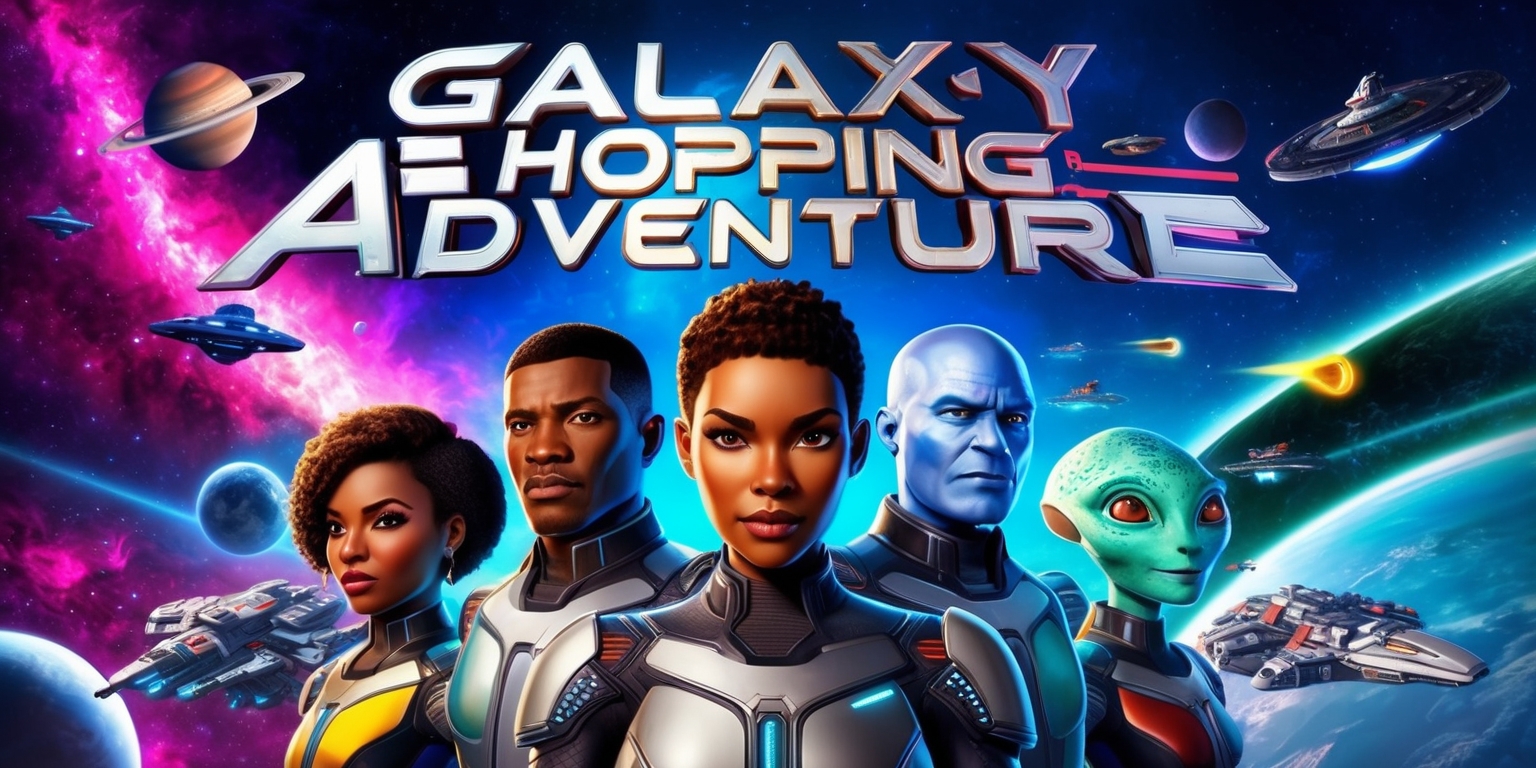 A vibrant, futuristic galaxy-hopping adventure game scene with a stunning celestial background, featuring a variety of planets, stars, and spaceships, set against a deep blue and purple nebula landscape with accents of bright pink, green, and blue, the game's title in bold, metallic, silver lettering with a futuristic font style, situated at the top of the image, and a group of diverse space explorers in the foreground, including a woman with dark skin and short, curly brown hair, a man with light skin and a strong jawline, and an alien with scaly, turquoise skin and large, black eyes, all wearing sleek, high-tech spacesuits with metallic accents and colorful patches, standing in front of a sleek, silver spaceship with flashing blue and red lights, and a holographic display screen in the center, showing a map of the galaxy with various destinations and routes highlighted in yellow and orange.