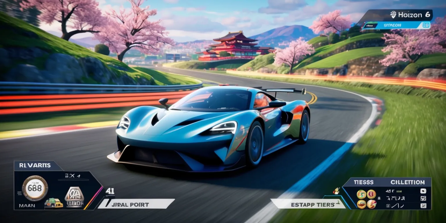 A screenshot of Forza Horizon 6 gameplay set in a vibrant Japanese landscape with rolling hills, cherry blossom trees, and neon city lights, showcasing a sleek, high-performance car speeding down a winding road, with a rewards dashboard in the foreground displaying Japan Points, Stamp Tiers, and collectibles, the car's design and surroundings reflecting the game's emphasis on speed, style, and exploration, with a blurred motion effect conveying a sense of speed and dynamism, the overall aesthetic blending realistic graphics with a hint of stylization, highlighting the game's immersive reward system and expansive open-world environment.
