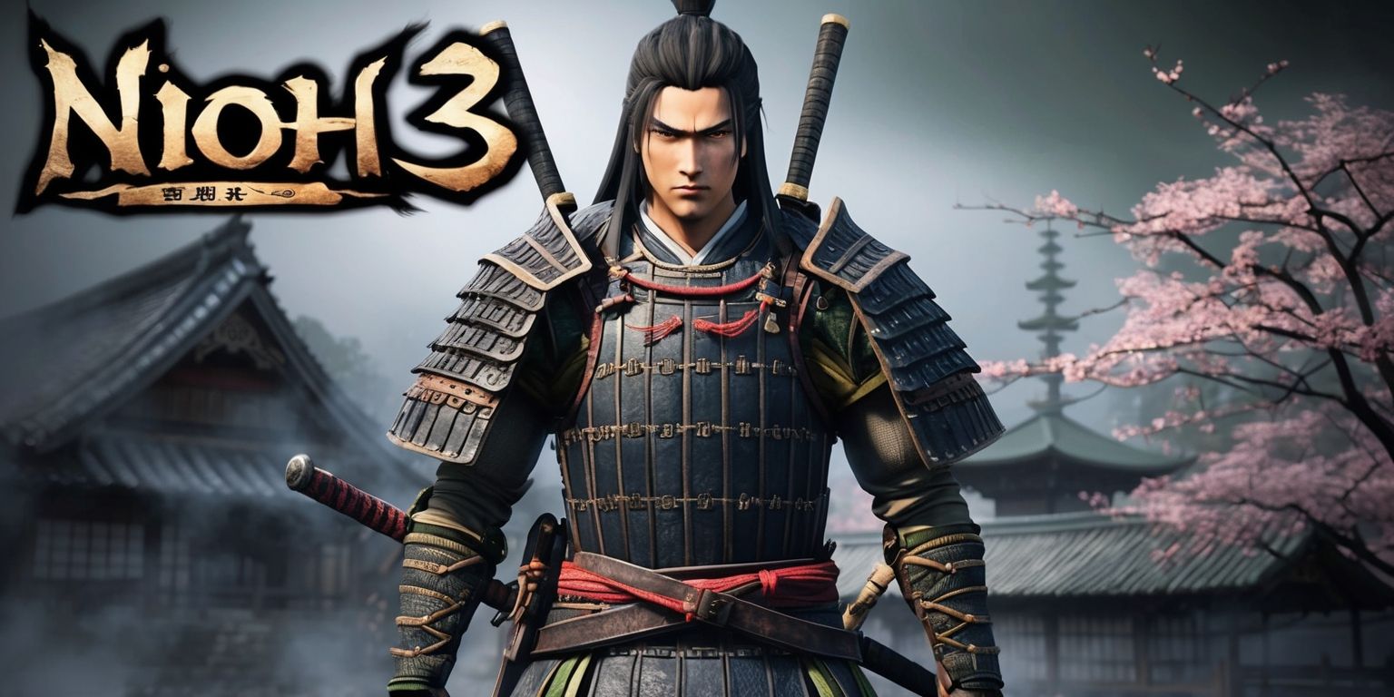 A dark fantasy action role-playing game scene from Nioh 3, set in feudal Japan, with a samurai warrior in the center, wearing traditional Japanese armor, with a katana at their side, standing in front of a blurred backdrop of a Japanese village, with cherry blossom trees and a pagoda in the distance, the atmosphere is ominous with a touch of mist, the color palette is muted with shades of gray, brown, and green, the samurai's face is determined with a strong jawline and piercing brown eyes, their skin has a warm golden undertone, the game's logo is embossed in the top left corner in a bold, golden font with a subtle glow effect.