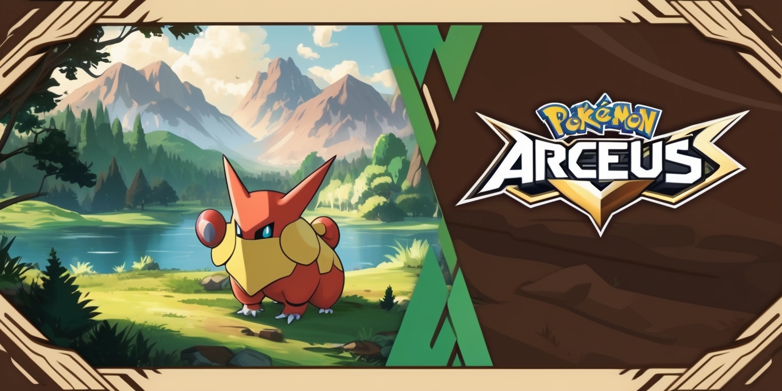 A vibrant video game-inspired illustration of the Pokémon Legends: Arceus game, with a scenic landscape of the Hisui region, featuring a prominent Pokémon such as the noble Dialga or Palkia, in the foreground, set against a breathtaking backdrop of lush green forests, majestic mountains, and serene lakes, with a warm and adventurous color palette, incorporating earthy tones of brown, green, and beige, and a stylized layout that captures the essence of an action-packed RPG, with bold lines, intricate details, and textured elements, including the game's logo in a modern, futuristic font, with metallic accents, and a sense of depth and dimensionality that draws the viewer into the world of Pokémon Legends.
