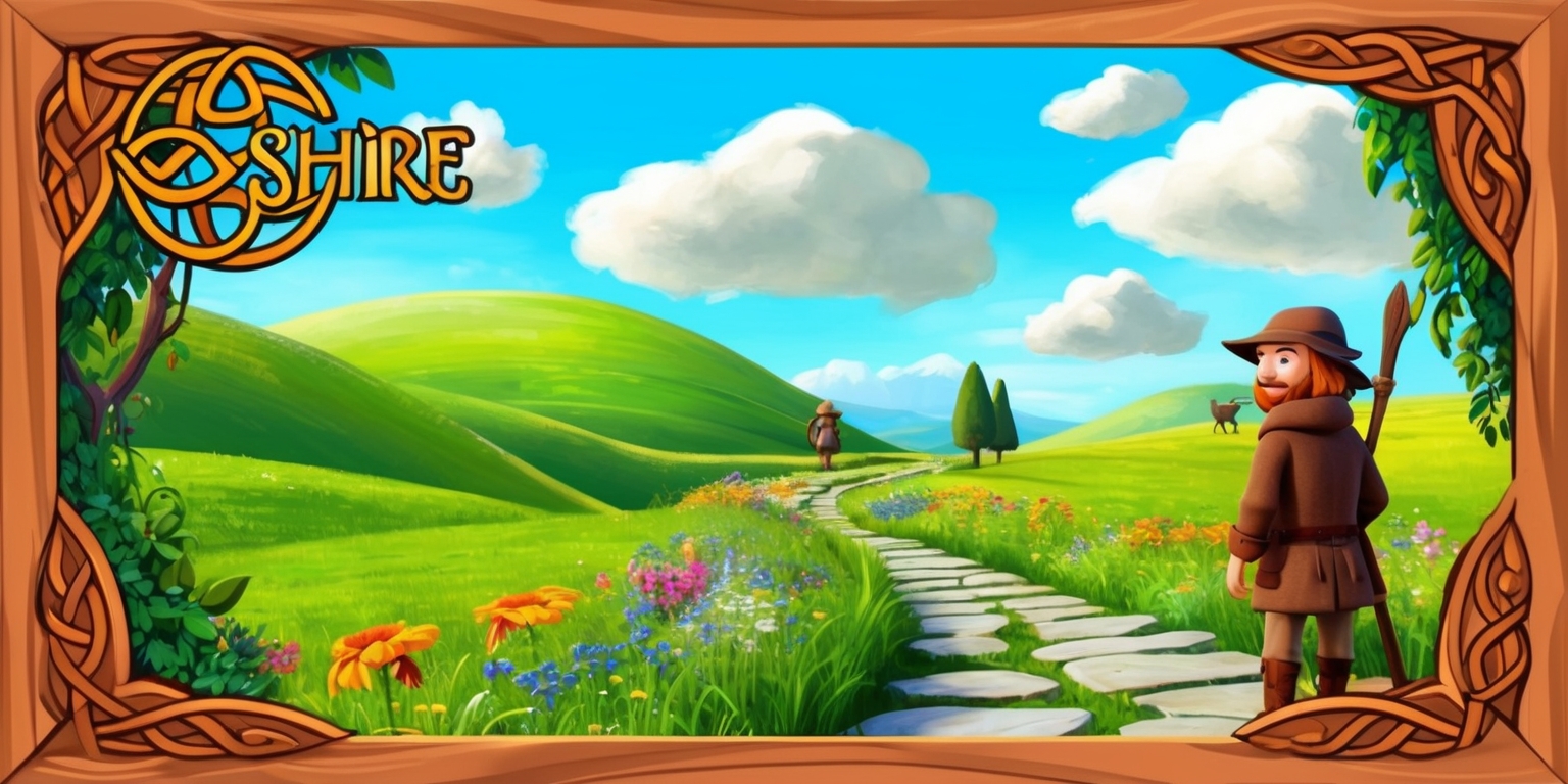 A colorful digital illustration of a serene landscape inspired by the Tales of the Shire game, featuring rolling green hills, a bright blue sky with fluffy white clouds, and a meandering stone path lined with vibrant wildflowers, with a few characters from the game in the distance, including a hobbit with a warm smile and rosy cheeks, wearing a brown jacket and hat, and holding a wooden staff, set against a stylized wooden frame with intricate carvings of leaves and vines, with the game's logo, a golden ring with a Celtic knot pattern, embossed in the top left corner in a bold, fantasy-style font.