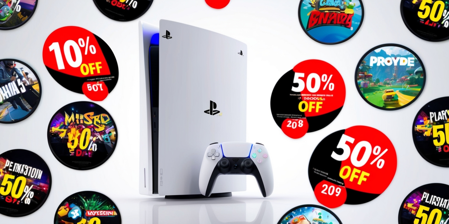 A visually appealing advertisement featuring a sleek, modern PlayStation 5 console against a clean, white background, with various game discs or digital game icons scattered around it, each with a bright, colorful, and eye-catching discount sticker or badge emblazoned on it, showcasing a range of popular games with varying levels of discount, from 10% to 50% off, in a bold, playful, and easy-to-read font, with the game titles and discount percentages prominently displayed, while the overall design remains simple, yet attention-grabbing, with a focus on enticing customers to take advantage of the incredible deals.