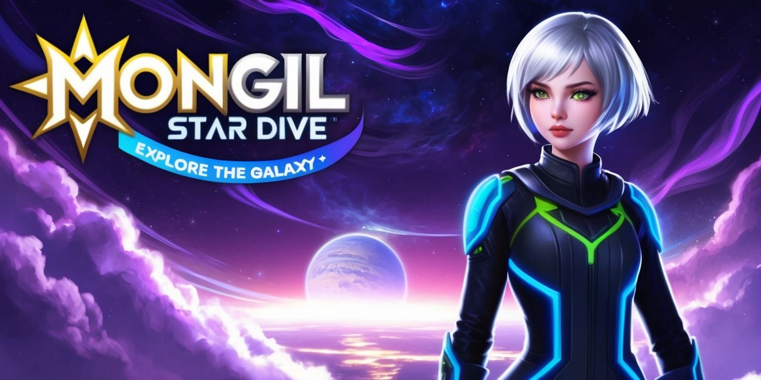 Mongil: Star Dive RPG game, featuring a vibrant fantasy world with a mix of futuristic and medieval elements, set against a stunning starry night sky with swirling purple and blue hues, the main character, a young woman with short silver hair and piercing green eyes, wearing a sleek black and neon blue spacesuit, stands at the edge of a celestial platform, gazing out into the cosmos, with a distant planet looming in the background, the game's logo, a stylized silver and gold font with a starburst design, is emblazoned on the top left corner of the scene, while the tagline, in a curved line above the character, reads Explore the Galaxy in bold, neon-lit letters.