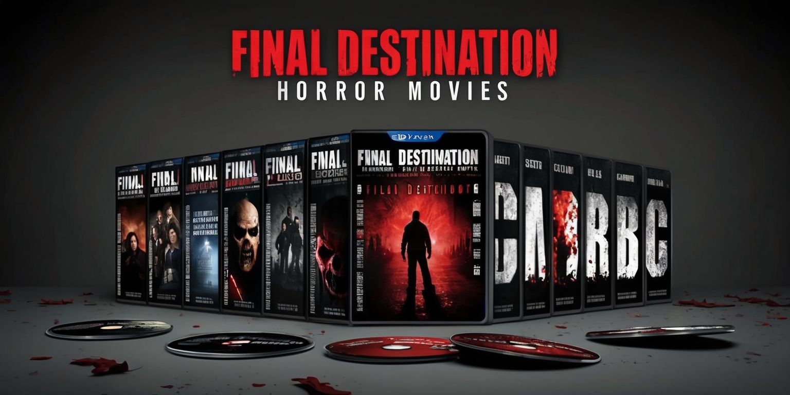 A collection of Final Destination horror movies on Blu-ray discs, with each disc featuring a uniquely designed cover showcasing a pivotal scene from the respective film, arranged on a dark grey background with bold white font titles and taglines, the discs are stacked horizontally with a slight overlap, and in the foreground a few discs are scattered with one disc slightly ajar, revealing the shiny Blu-ray surface, the color scheme is predominantly dark with accents of red and white, the overall aesthetic is ominous and foreboding, with a hint of chaos and disorder, the Final Destination logo is emblazoned on the top of the collection in blood-red color with a metallic sheen.