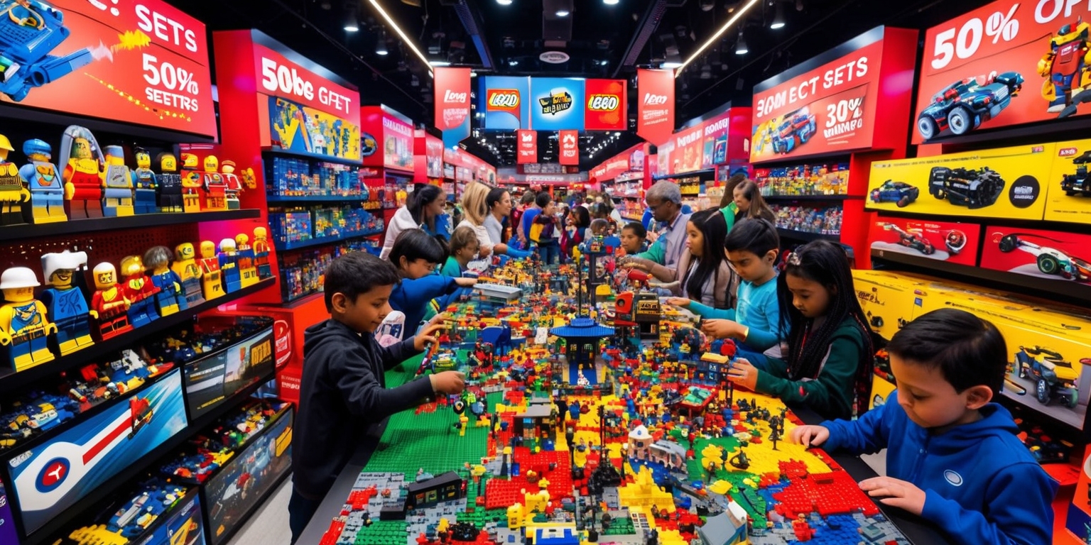 A vibrant and bustling retail environment filled with an assortment of brightly colored Lego sets, each meticulously crafted to showcase iconic franchises such as superheroes, animated legends, technical marvels, and cinematic tributes, with intricate details and exclusive designs that spark imagination and creativity, surrounded by bold, eye-catching signage and banners emblazoned with slogans and discounts, including 50% off select sets, drawing in collectors and creative builders of all ages, with people of diverse skin tones and facial features, including adults and children, intently focused on building and exploring, amidst a kaleidoscope of colors, with a dynamic and kinetic energy that evokes a sense of wonder and excitement.