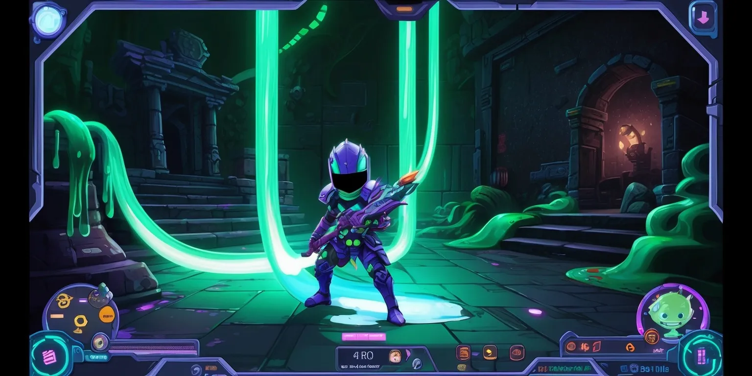A vibrant, futuristic, 2D pixel art scene depicting a character navigating a procedurally generated dungeon in an Evolving Slime roguelite RPG game, with a bold color palette featuring shades of green, blue, and purple, and intricate details such as glowing slime trails, mysterious ancient ruins, and eerie atmospheric lighting, the character's facial features obscured by a helmet, with a unique slime-infused armor set and weapons, and a UI overlay displaying stats, items, and abilities, set against a dark, gritty background with subtle texture and grime, and a faint, pulsing glow emanating from the slime, with a sense of dynamic movement and energy, as if the character is about to encounter a formidable enemy or discover a hidden treasure.