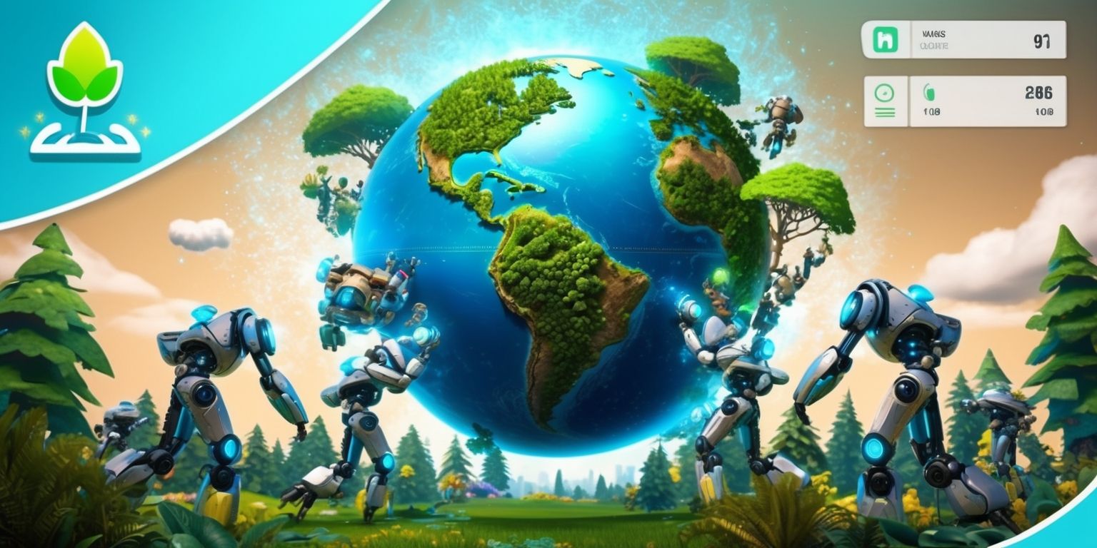 A futuristic world restoration simulation game scene with a vibrant blue atmosphere, featuring a massive spherical globe at the center, surrounded by floating greenery and lush forests, with diverse robotic species working together in harmony, including a group of humanoid robots with shiny metallic skin and bright blue eyes, collaborating to plant trees and restore polluted areas, amidst a sprinkle of glowing particles and soft white clouds, set against a warm golden light background, with a sleek modern user interface overlay displaying game metrics and simulation data in a clean sans-serif font, and a stylized game logo in the top left corner with a leafy green icon and bold white typography, all blending together to create a captivating and immersive visual experience.