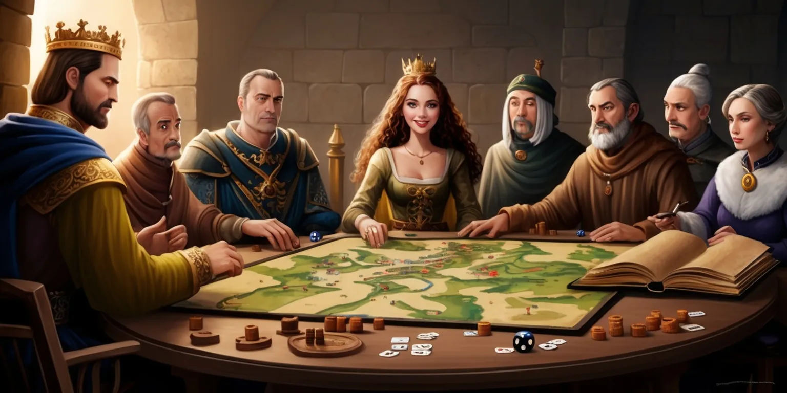 A detailed illustration of a medieval strategy game scene, set in a dimly lit, atmospheric room with stone walls and wooden furniture, featuring a large, ornate table in the center with a map of a medieval landscape spread out on it, surrounded by several characters, including a king with a strong jawline and piercing blue eyes, a queen with long, curly brown hair and a gentle smile, and a few advisors with unique facial features and attire, all engaged in a discussion, with various game pieces, such as wooden tokens, dice, and cards, scattered around the table, and a large, leather-bound book lying open on a nearby stool, with warm, golden lighting and subtle shadows, and a sense of tension and anticipation in the air, with the characters' skin tones ranging from fair to olive, and the overall color palette being muted, with earthy tones, such as browns, tans, and greens, dominating the scene.