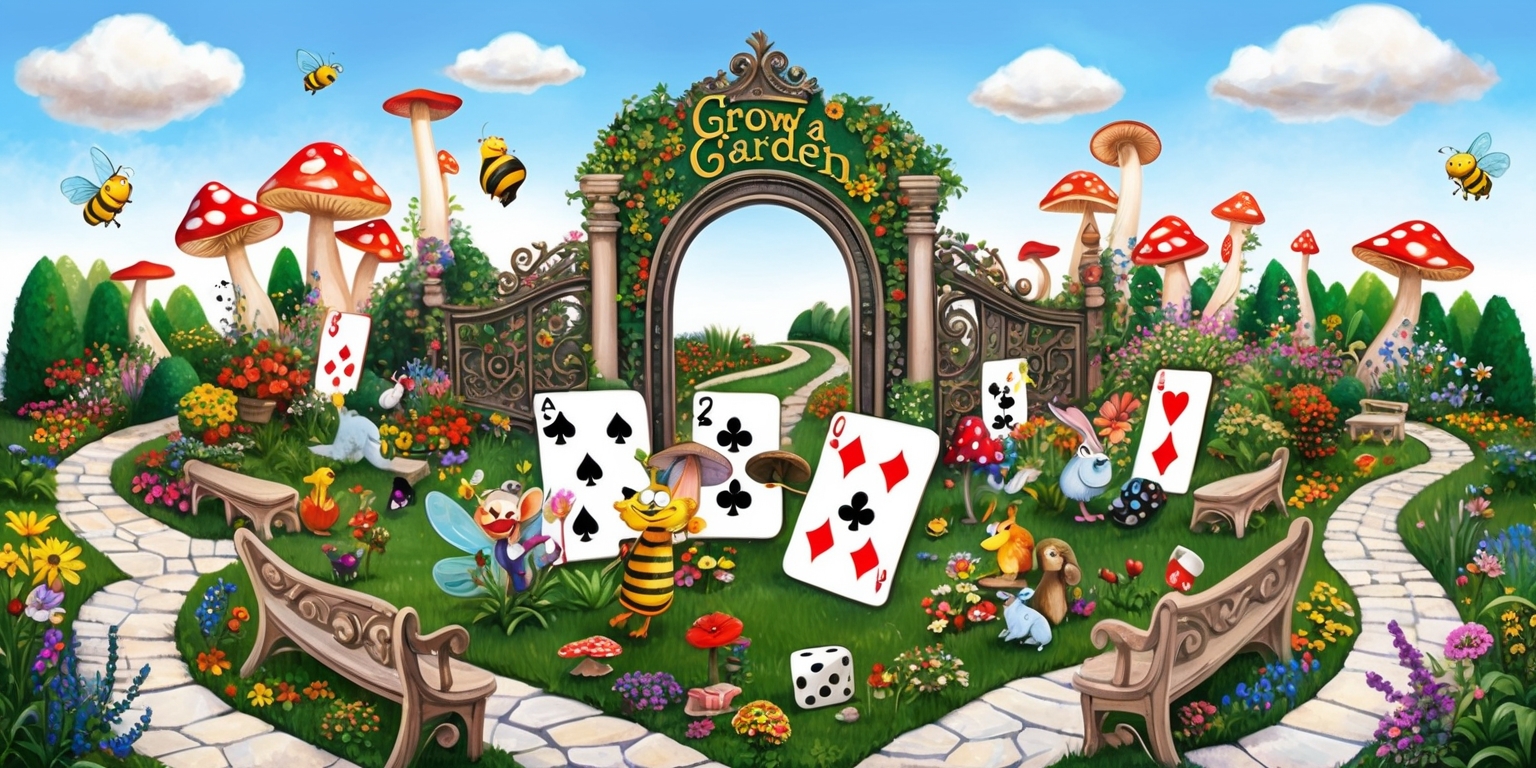 A vibrant, whimsical illustration of a fantastical garden, set against a clear blue sky with a few puffy white clouds, filled with an assortment of colorful flowers, towering mushrooms, and lush greenery, where various garden creatures, such as smiling butterflies, busy bees, and curious rabbits, are playfully interacting with oversized playing cards, dice, and game pieces, surrounded by winding stone paths and intricately carved wooden benches, with a prominent, ornate gateway in the background, adorned with the words Grow a Garden in bold, curly script, in a beautiful, hand-painted style reminiscent of classic children's book art, with a mix of digital and traditional media.