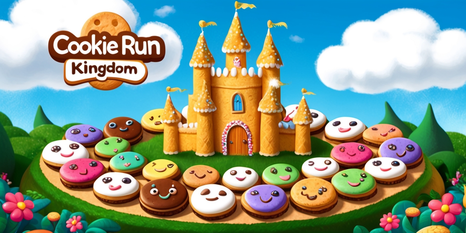 A whimsical illustration of the Cookie Run: Kingdom game, set against a bright blue sky with puffy white clouds, featuring a array of colorful cookies, each with unique facial features and expressions, positioned in a circular formation around a grand, golden-brown cookie castle with intricate details and sparkling sugar decorations, surrounded by lush greenery and vibrant flowers, with subtle texture and gentle shading, blending 2D and 3D elements, evoking a sense of warmth, wonder, and playfulness, with the game's logo, a stylized golden cookie with a smiling face, placed prominently at the top, in a clean, modern font with bold lines and rounded edges.