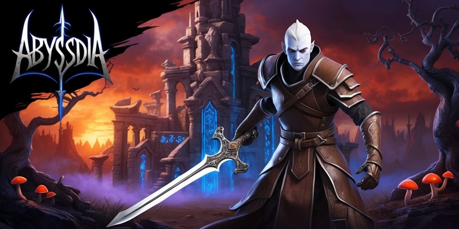 A dark fantasy video game scene from Abyssdia, featuring a mystical realm with intricate stone architecture, glowing blue runes, and ominous red mist, set against a backdrop of a fiery sunset with deep oranges and purples, with a heroic figure in the foreground, clad in leather armor with silver trim, wielding a sword with an ornate hilt, and having a determined expression with sharp facial features, pale skin, and piercing blue eyes, surrounded by ancient trees with twisted branches and glowing mushrooms, with the game's logo in the top left corner, stylized in a bold, gothic font with metallic silver color and a subtle glow effect.